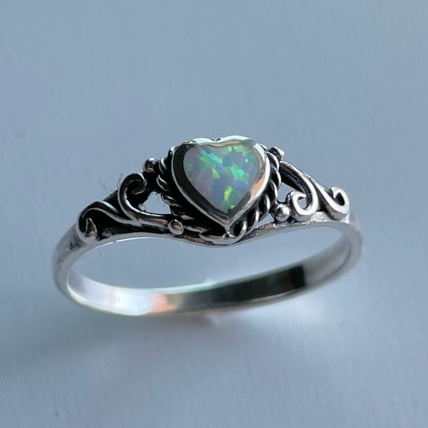 Sterling Silver White Lab Opal Heart Ring: Swirl Boho Ring
