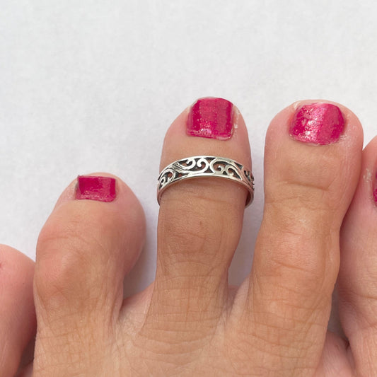 Sterling Silver Filigree Swirl Toe Ring - Adjustable Boho Band