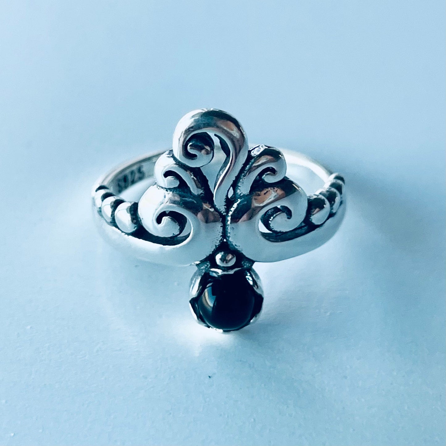 Swirl Sterling Silver Ring: Turquoise or Black Agate Crown Ring