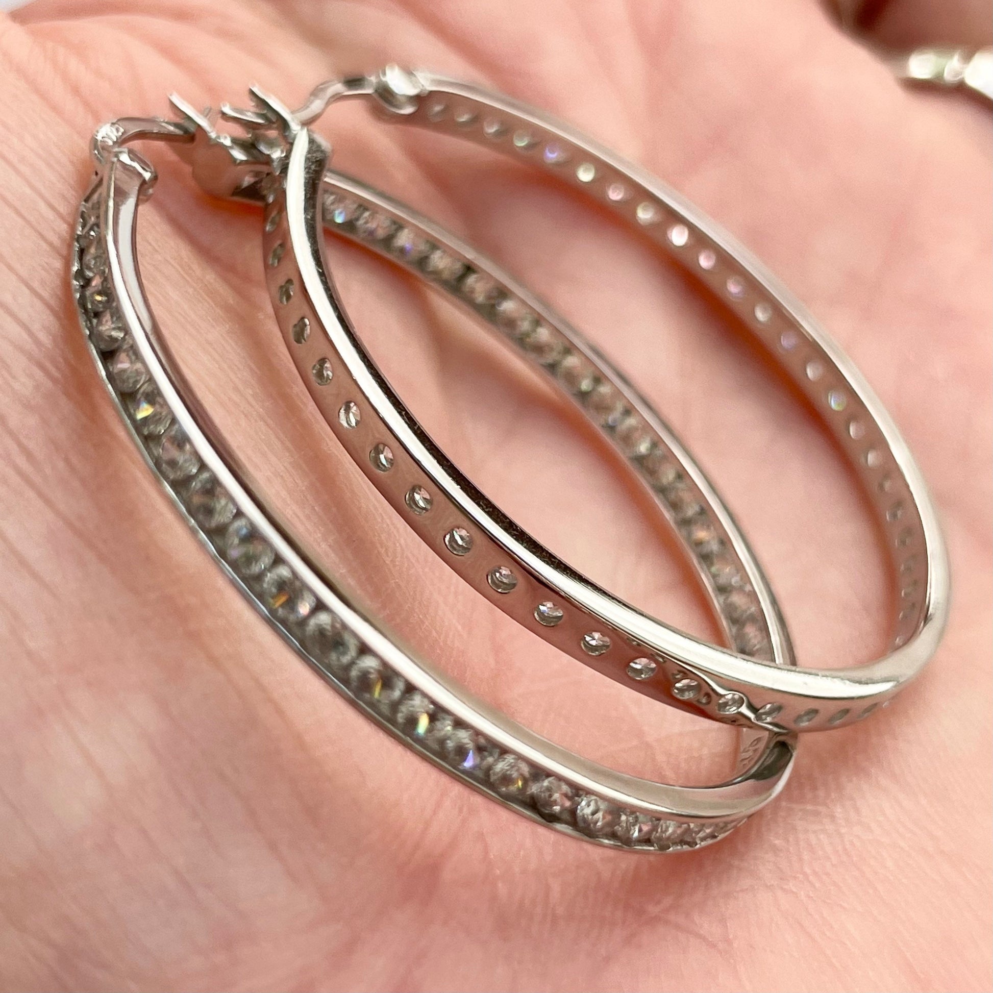 Inside Outside CZ Hoop Sterling Silver Earrings, Silver Hoop Earring, Cubic Zirconia Earring, CZ Hoop Promise Earrings, CZ Hoop Earring