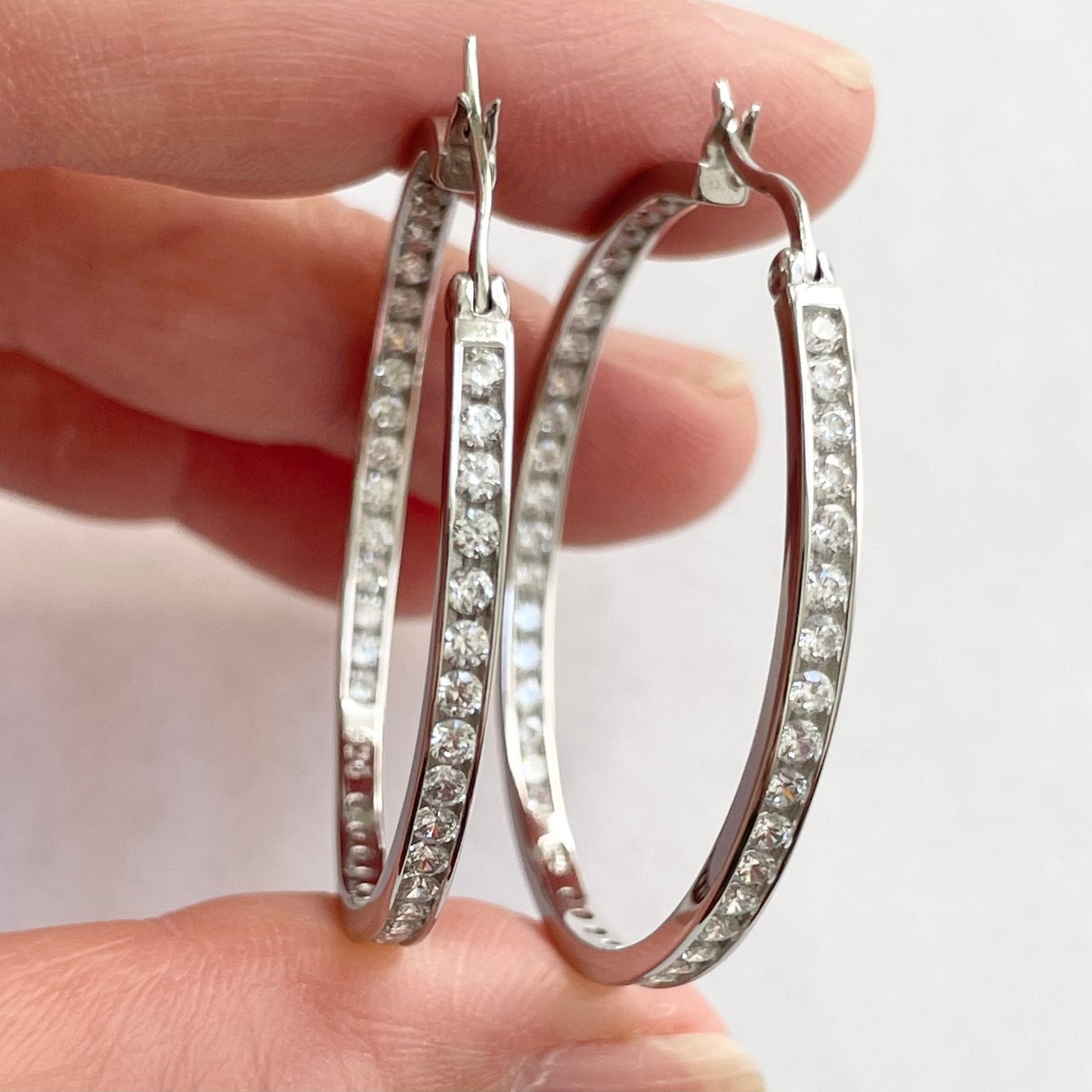 Inside Outside CZ Hoop Sterling Silver Earrings, Silver Hoop Earring, Cubic Zirconia Earring, CZ Hoop Promise Earrings, CZ Hoop Earring