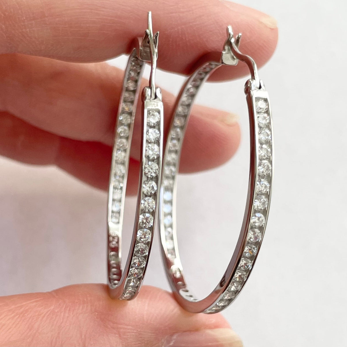 Sterling Silver CZ Hoop Earrings: Inside Outside Design