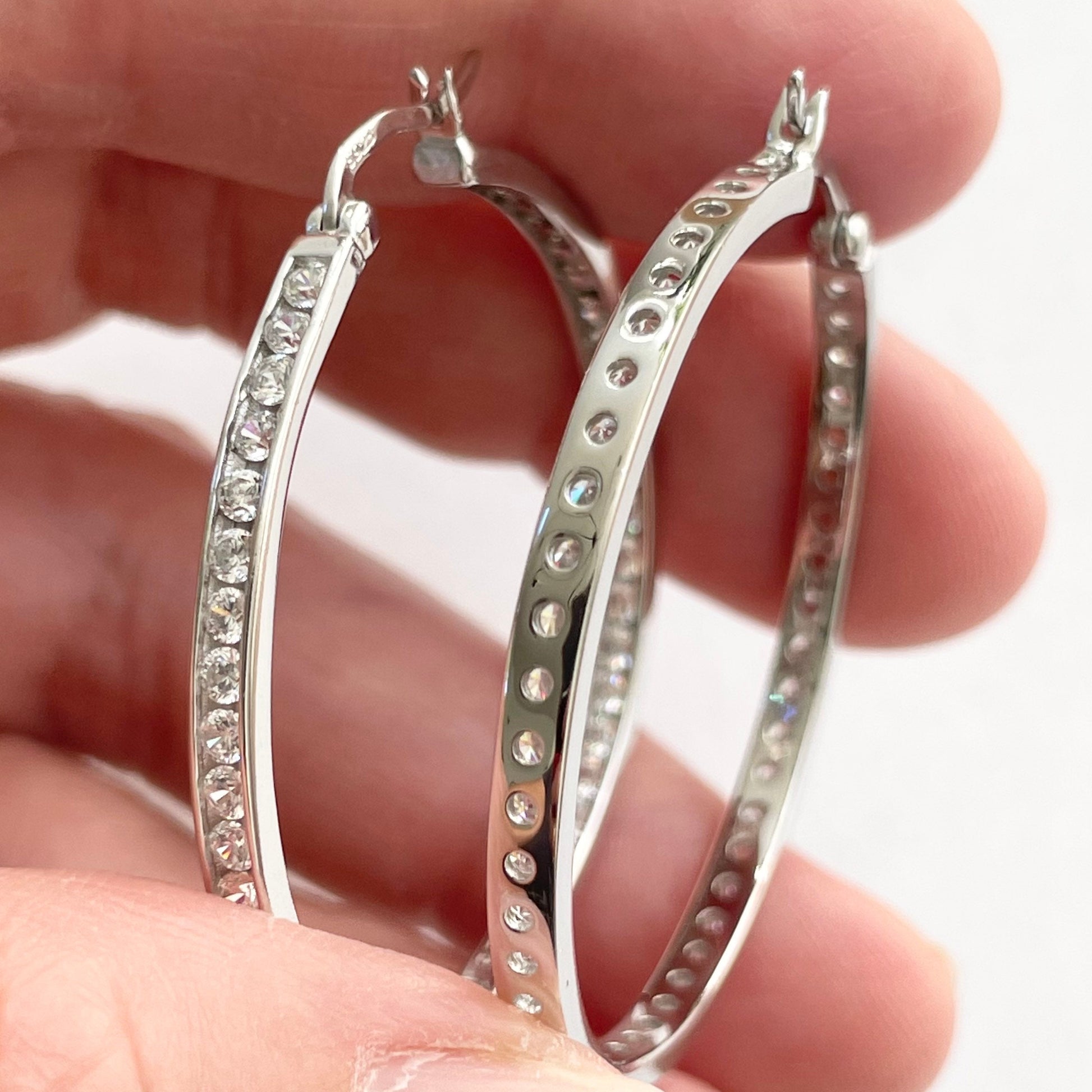 Inside Outside CZ Hoop Sterling Silver Earrings, Silver Hoop Earring, Cubic Zirconia Earring, CZ Hoop Promise Earrings, CZ Hoop Earring