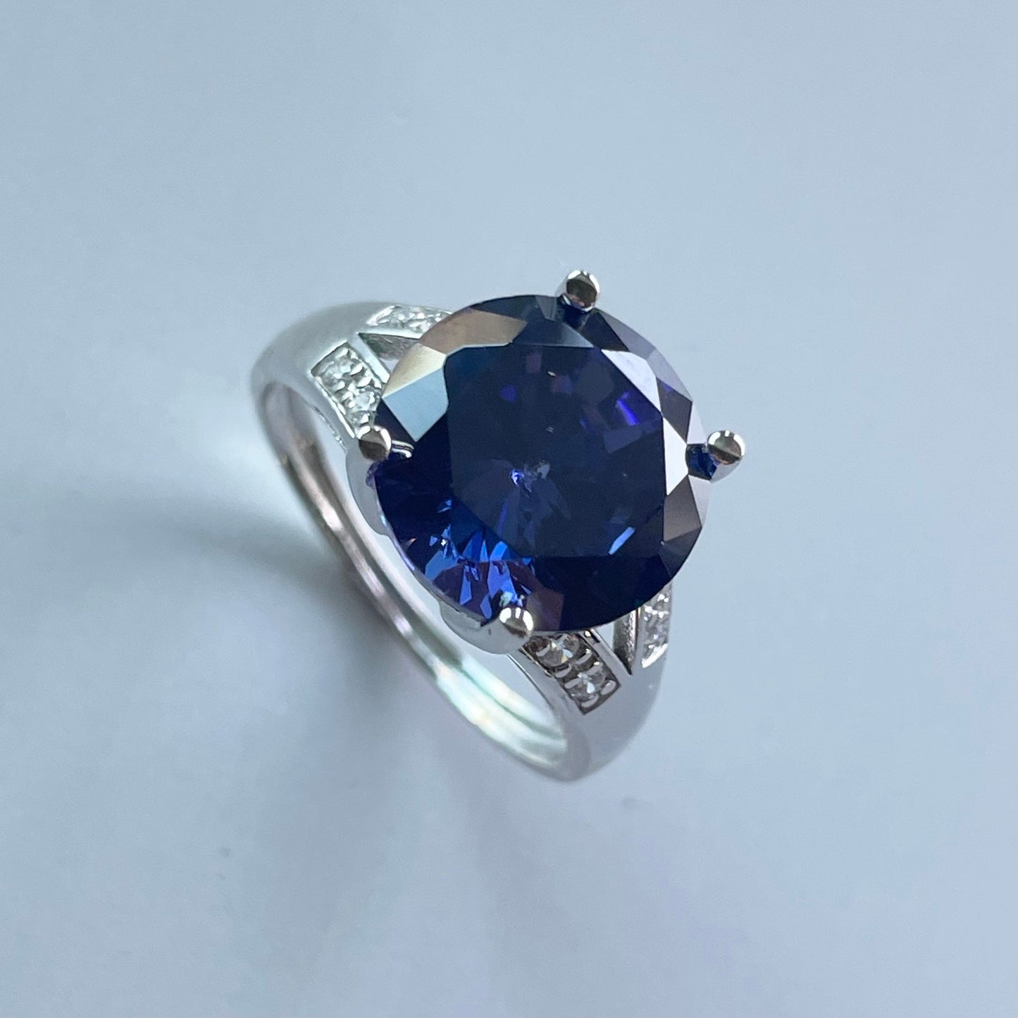 Tanzanite CZ Sterling Silver Engagement Ring: Clear CZ Accents