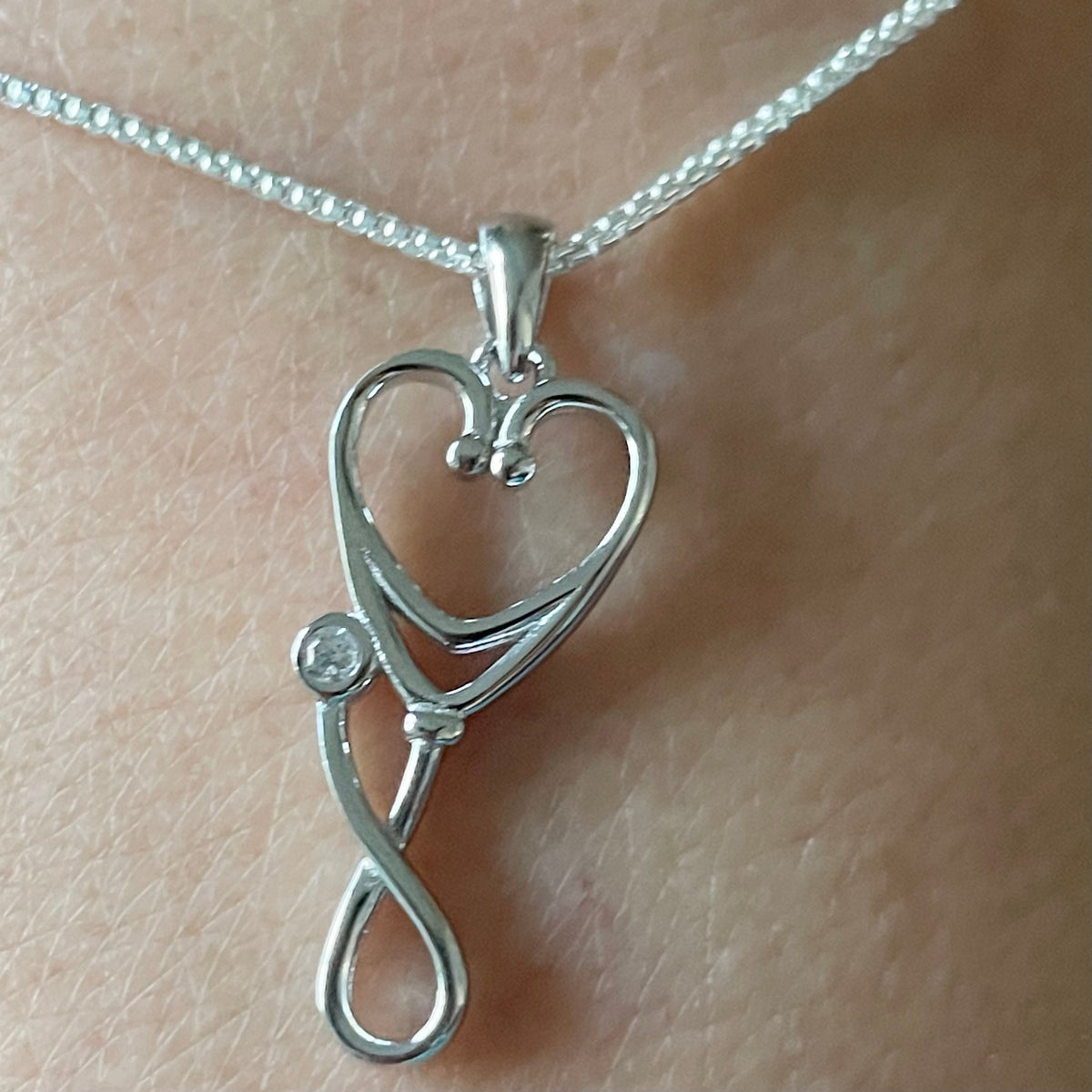 Sterling Silver Heart Stethoscope Necklace: CZ Nurse Pendant