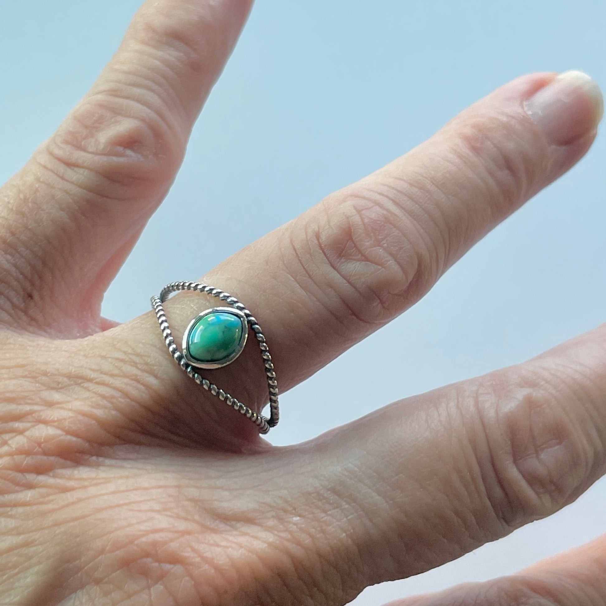 Big Green Genuine Turquoise Eye Sterling Silver Rope Ring, Silver Ring, Stone Ring, Boho Ring, Rope Ring, Turquoise Ring, Love Ring