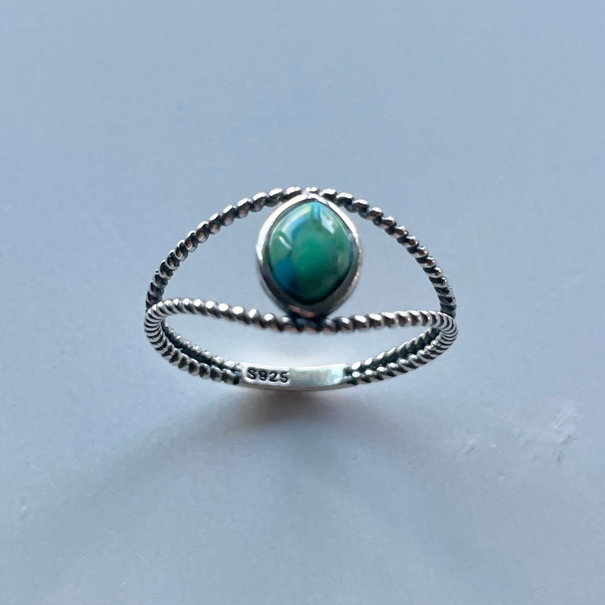 Big Green Genuine Turquoise Eye Sterling Silver Rope Ring, Silver Ring, Stone Ring, Boho Ring, Rope Ring, Turquoise Ring, Love Ring