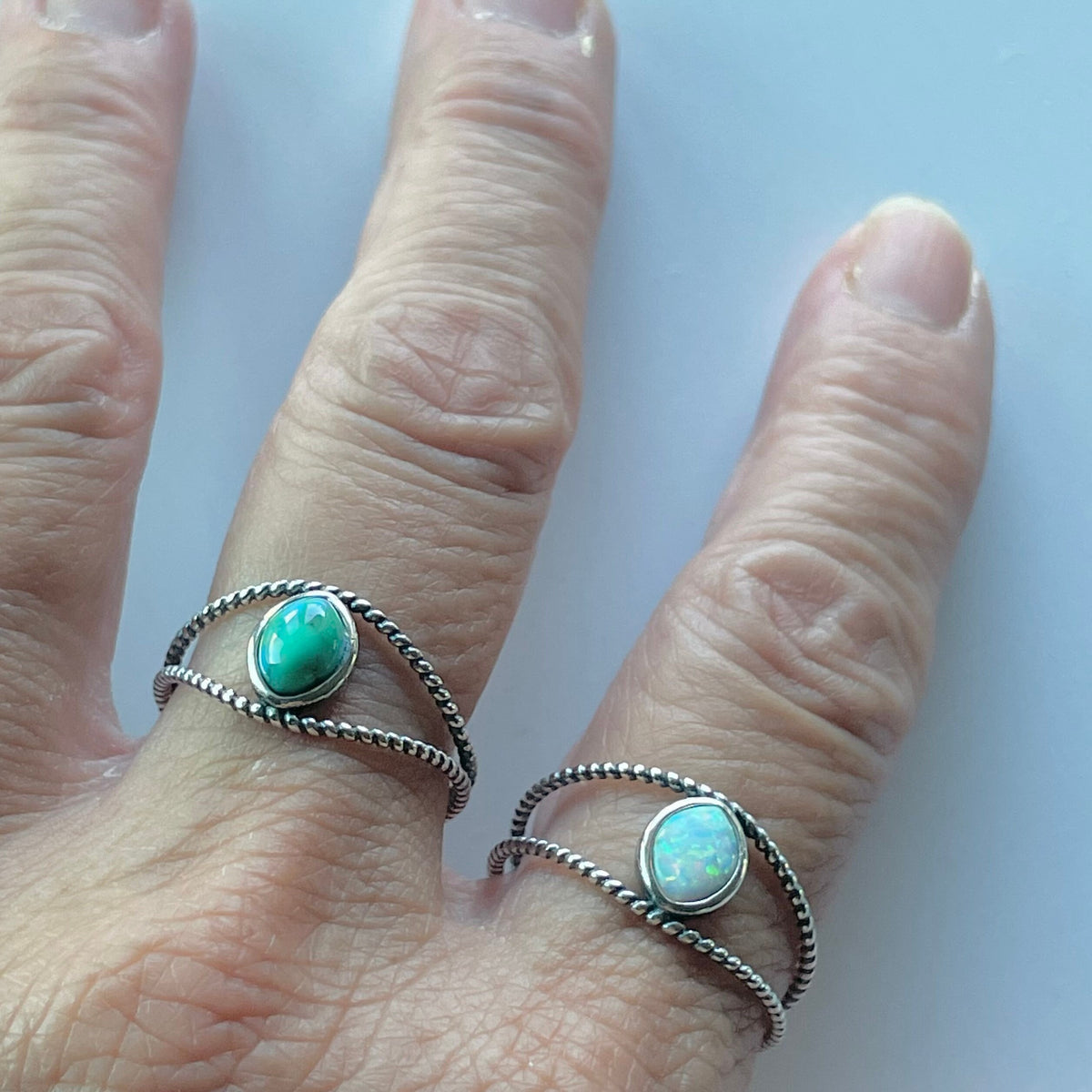 Sterling Silver Rope Ring: White Lab Opal Eye Boho Ring