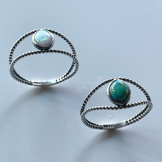 Sterling Silver Rope Ring: White Lab Opal Eye Boho Ring