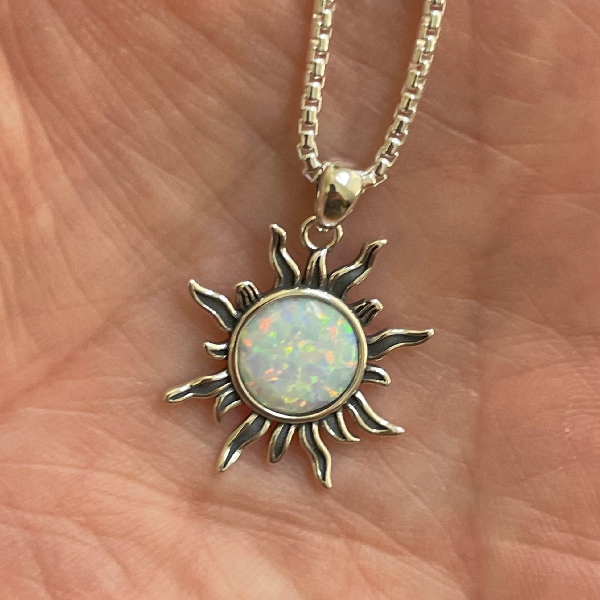 Sterling Silver White Lab Opal Dazzling Sun Pendant with Necklace, Silver Chain, Sunshine Necklace, Opal Pendant, Silver Necklace.