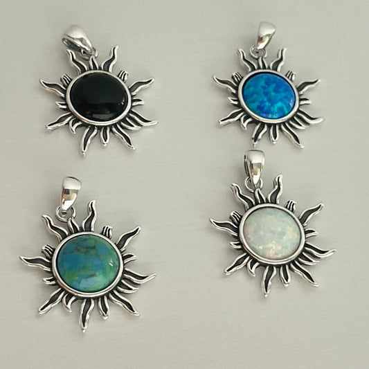 Genuine Turquoise or Opal Sterling Silver Blazing Sun Necklace, Silver Opal Necklace, Silver Turquoise Pendant, Him or Her Necklace