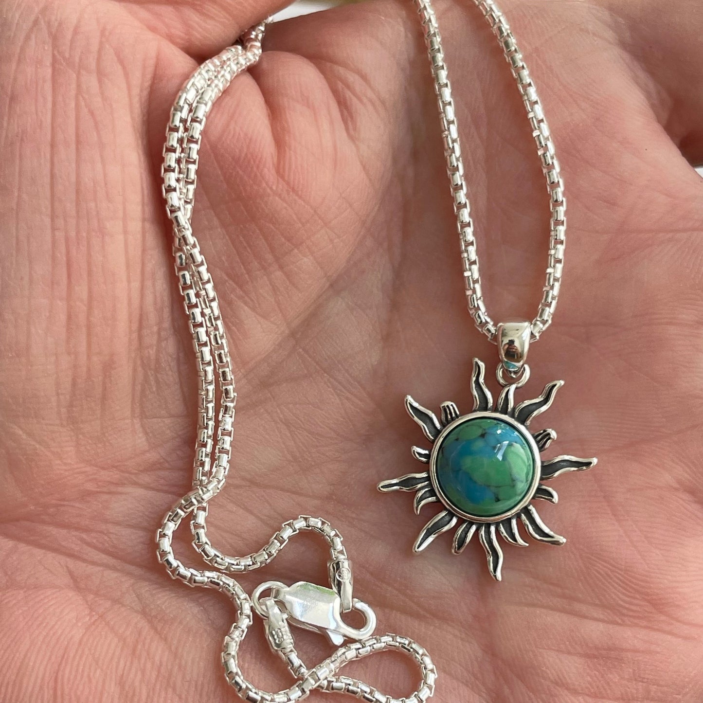 Sterling Silver Sun Necklace: Genuine Turquoise or Lab Opal Pendant