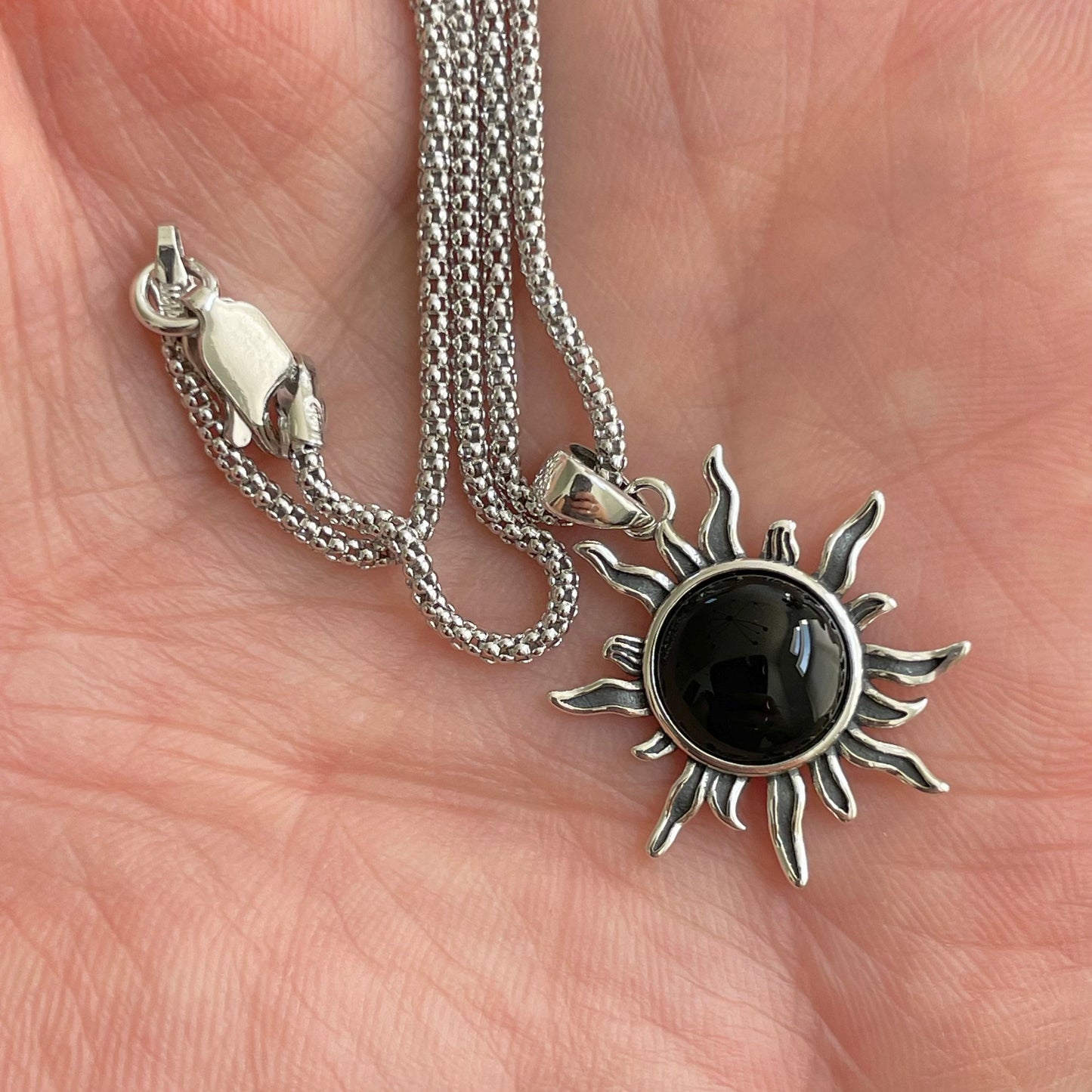 Black Agate Sun Pendant: Sterling Silver Sunshine Necklace