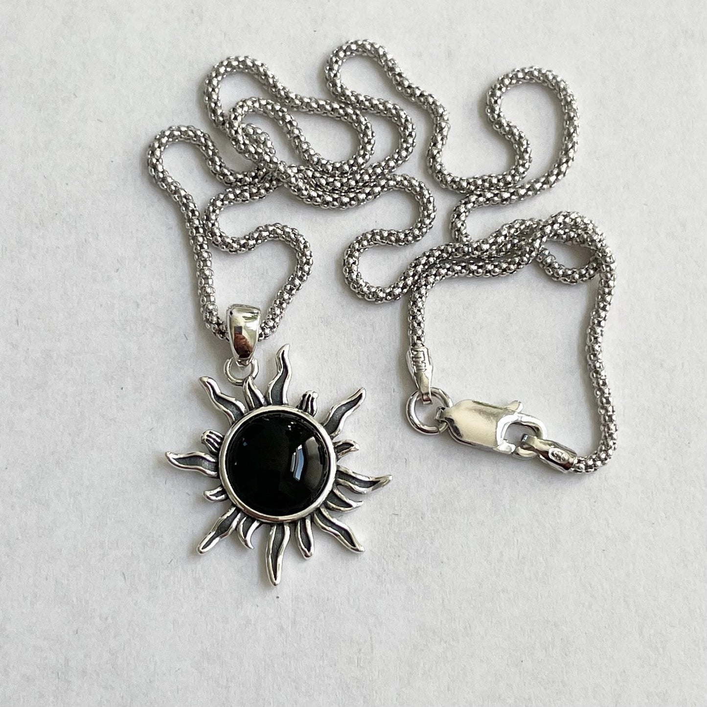 Black Agate Sun Pendant: Sterling Silver Sunshine Necklace