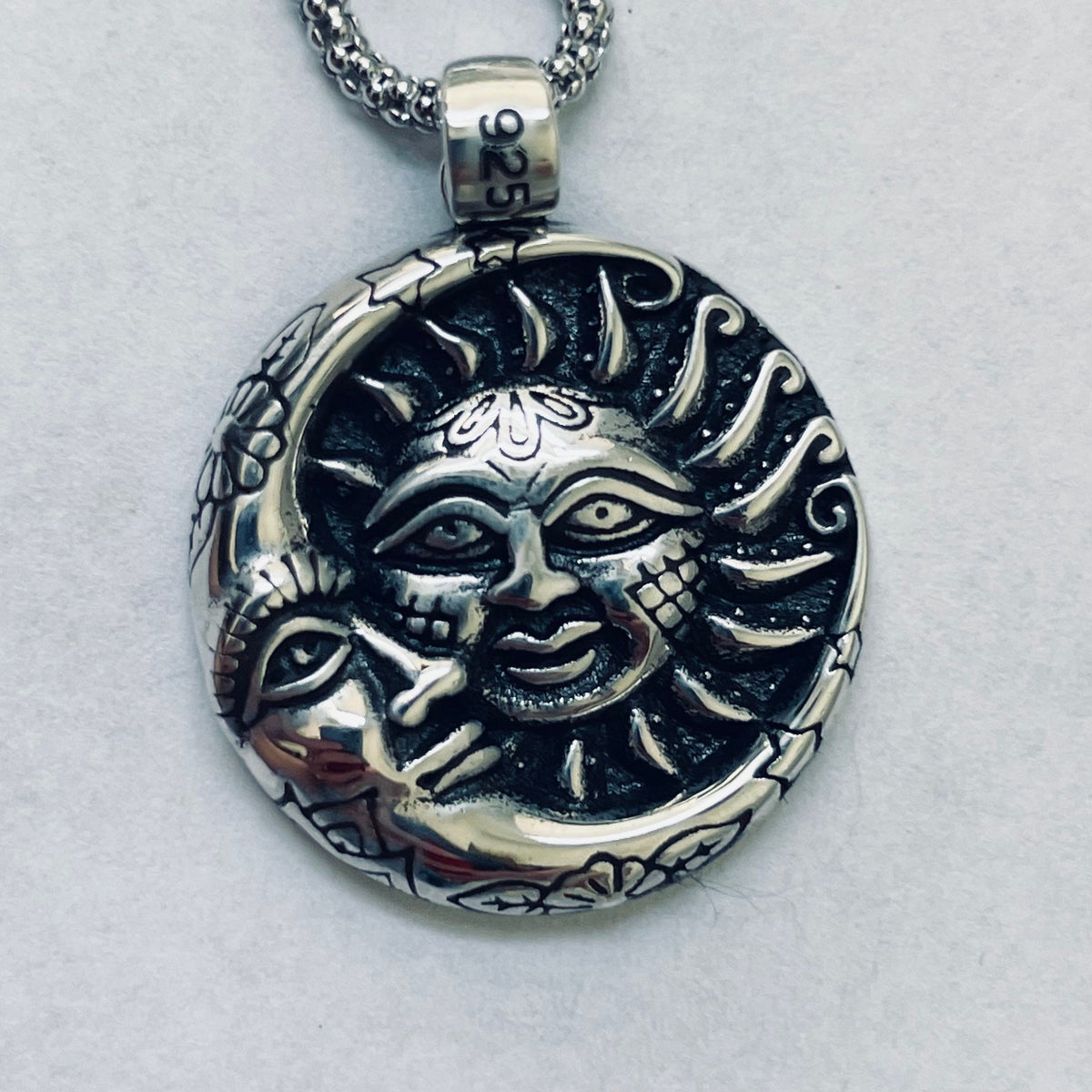 Sterling Silver Moon and Sun Face Pendant Necklace - Italian Chain
