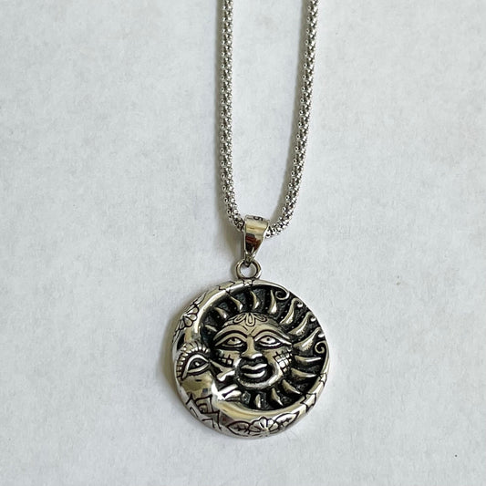 Moon and Sun Face Sterling Silver Necklace - Sun Pendant - Moon Necklace - Silver Italian Chain - Silver Necklace