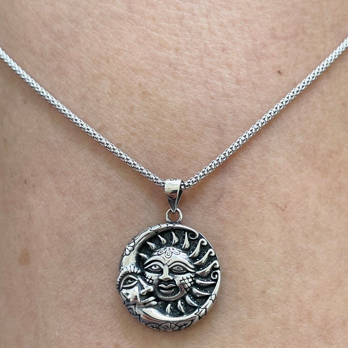 Sterling Silver Moon and Sun Face Pendant Necklace - Italian Chain