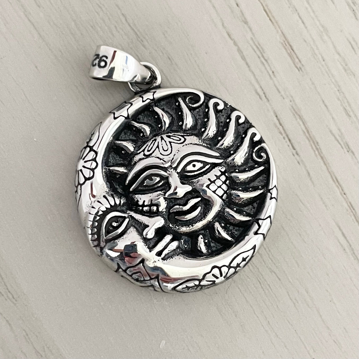 Sterling Silver Moon and Sun Face Pendant Necklace - Italian Chain