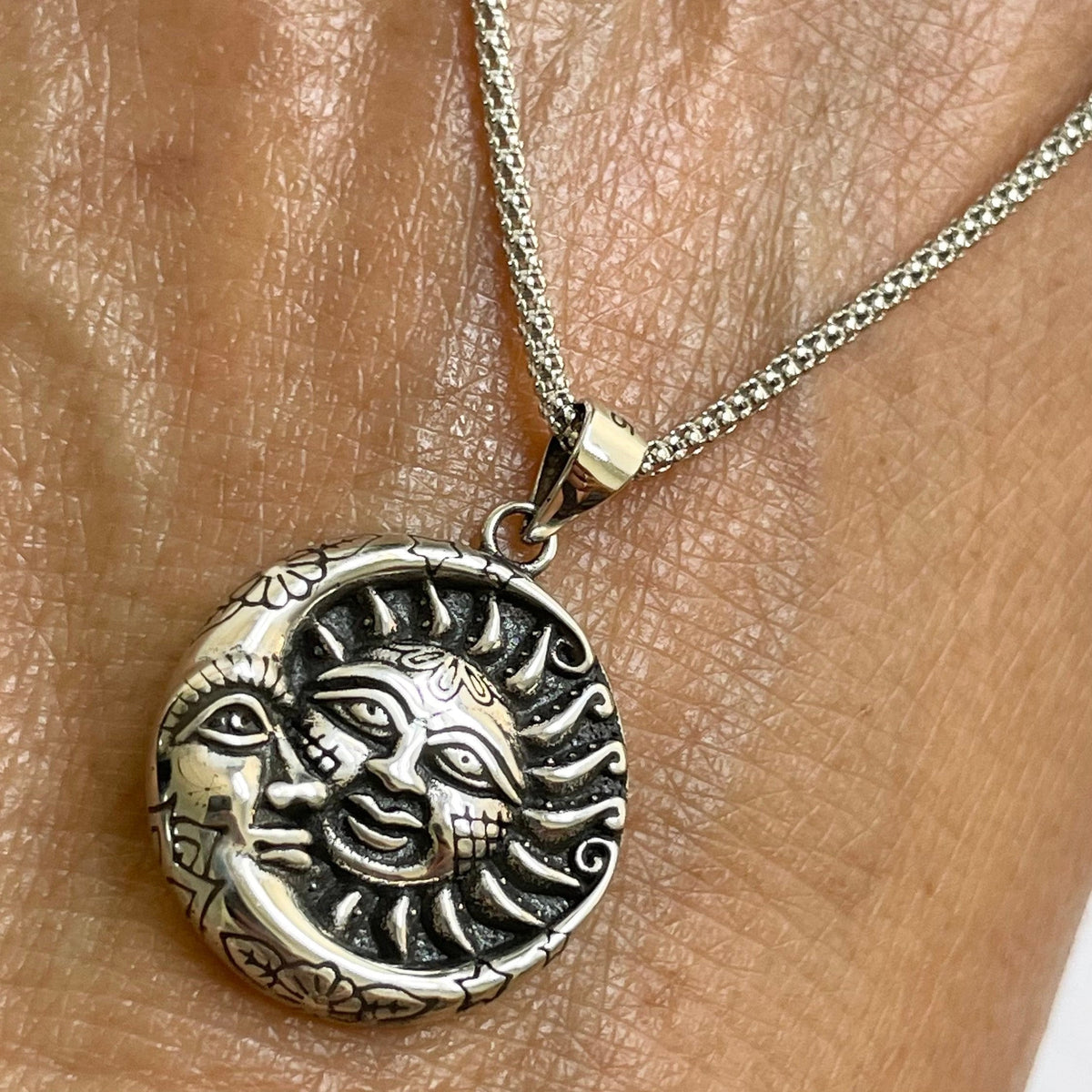 Sterling Silver Moon and Sun Face Pendant Necklace - Italian Chain