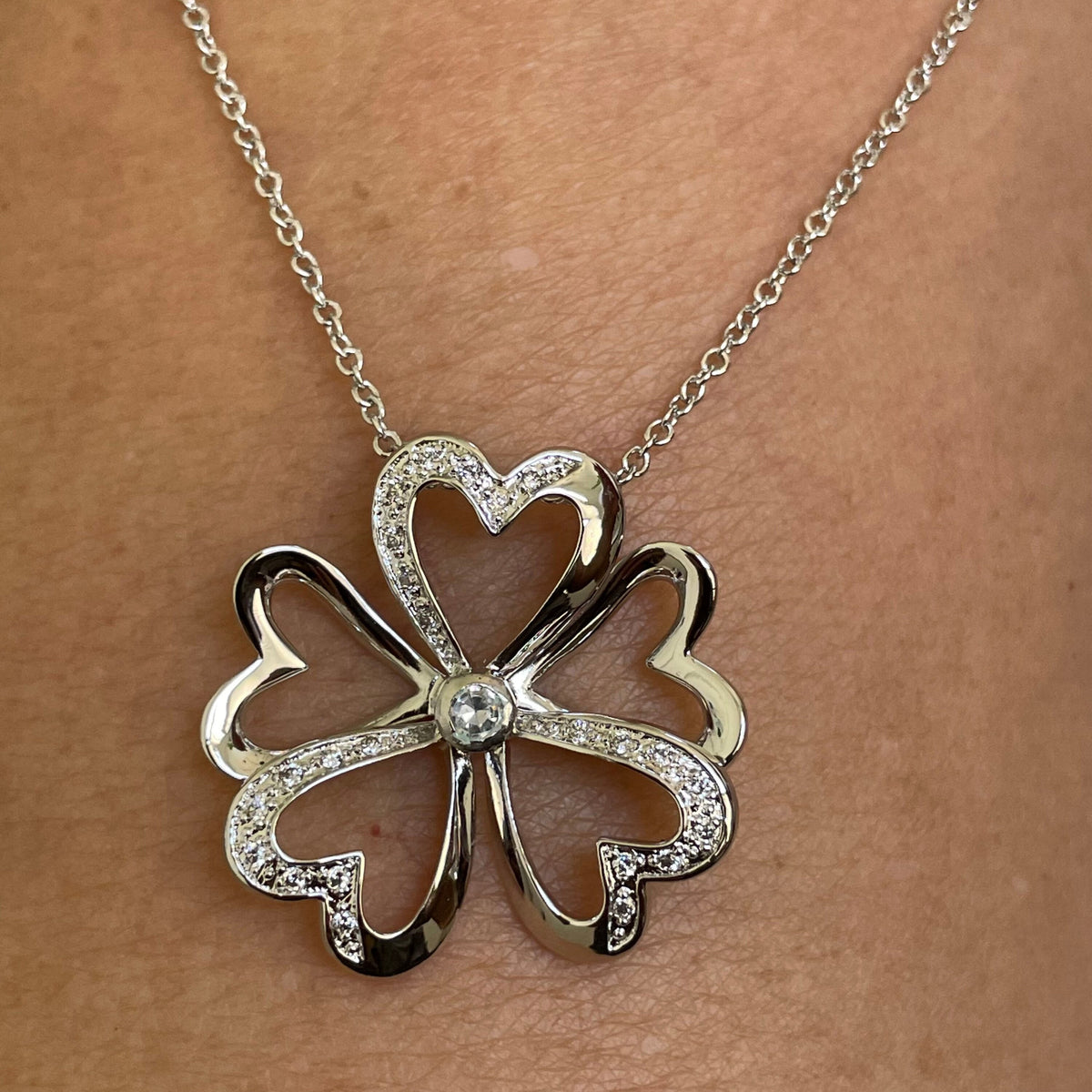 Sterling Silver CZ Heart Clover Necklace - 29mm Pendant