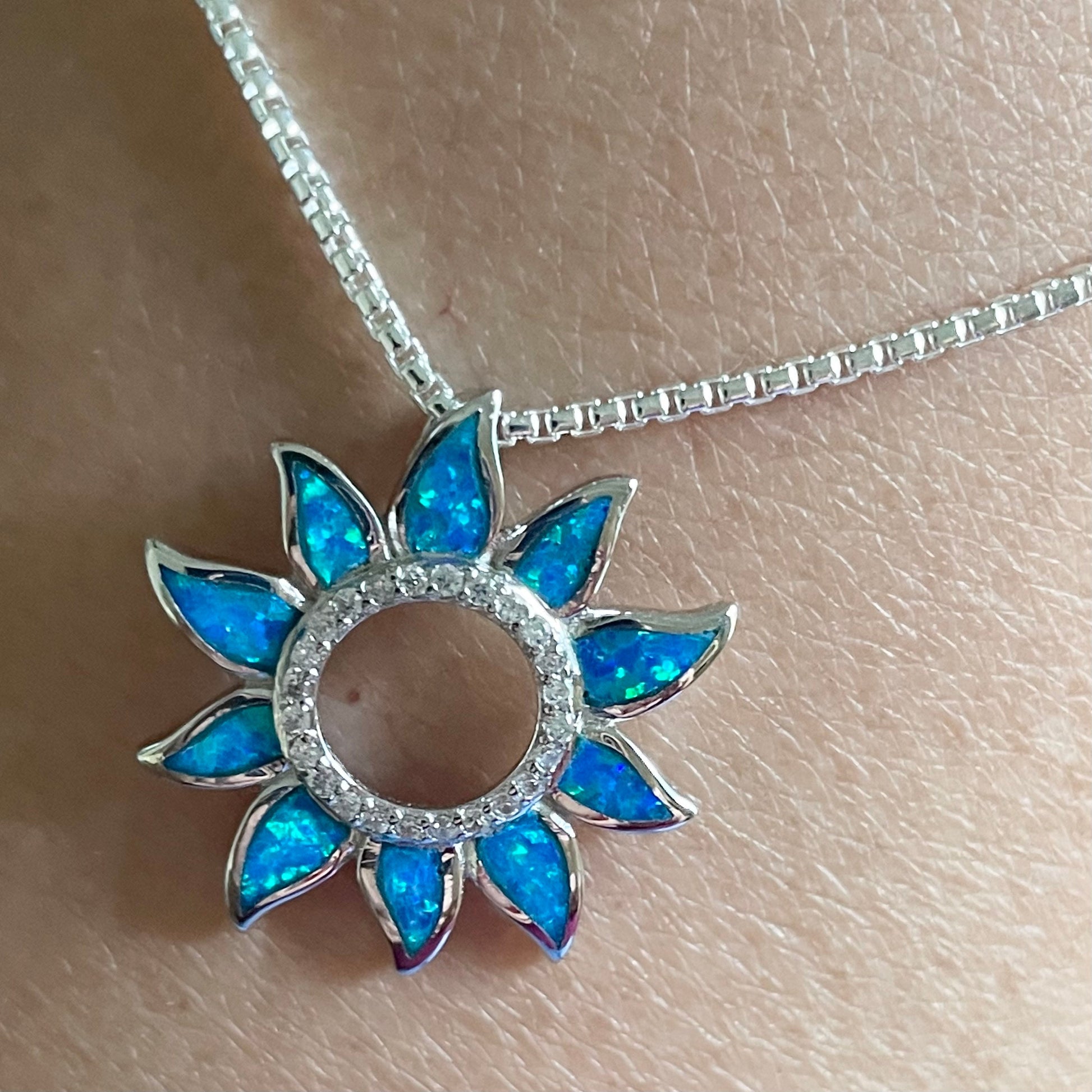 Sunflower Blue Opal Sterling Silver Pendant Necklace, Sun Chain, Sunflower Necklace, Sun Necklace, Opal Pendant, Silver Necklace, CZ Pendant