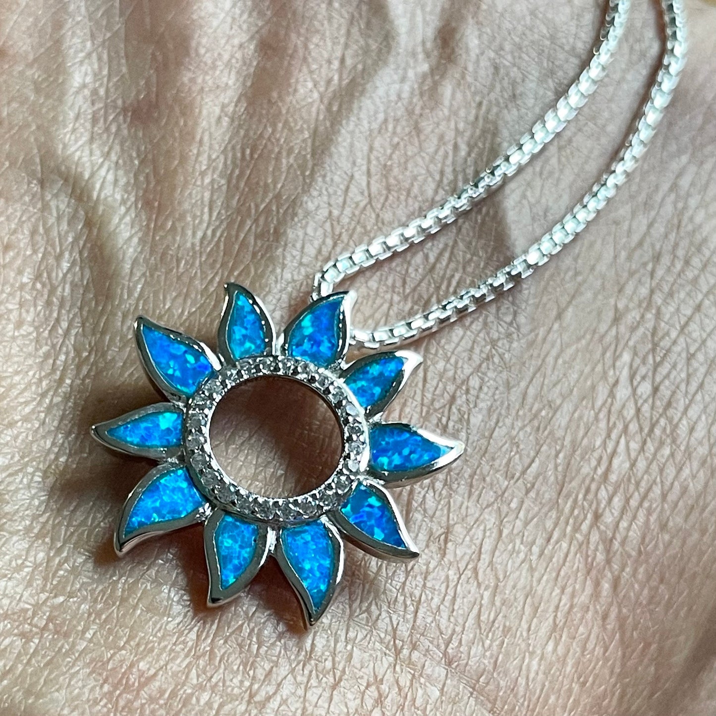 Blue Opal Sunflower Pendant Necklace: Sterling Silver Sun Chain