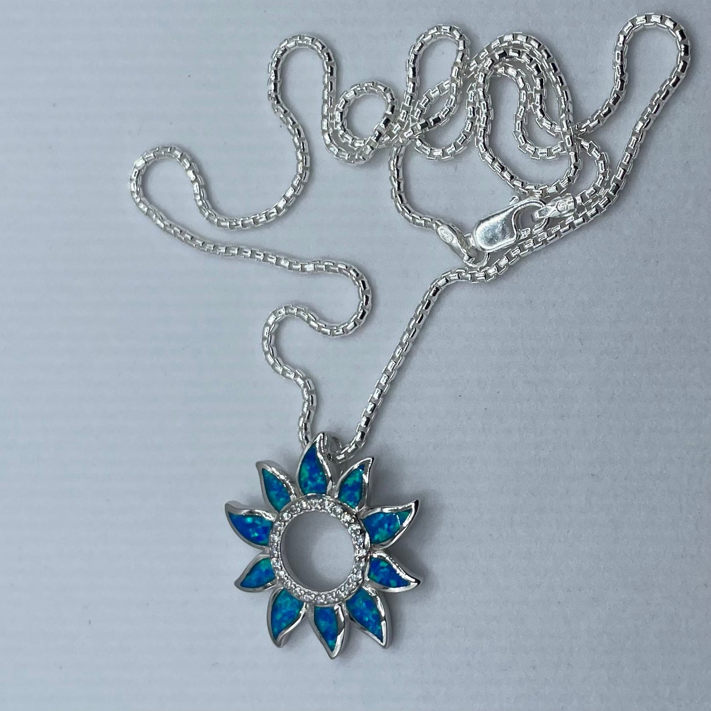 Blue Opal Sunflower Pendant Necklace: Sterling Silver Sun Chain
