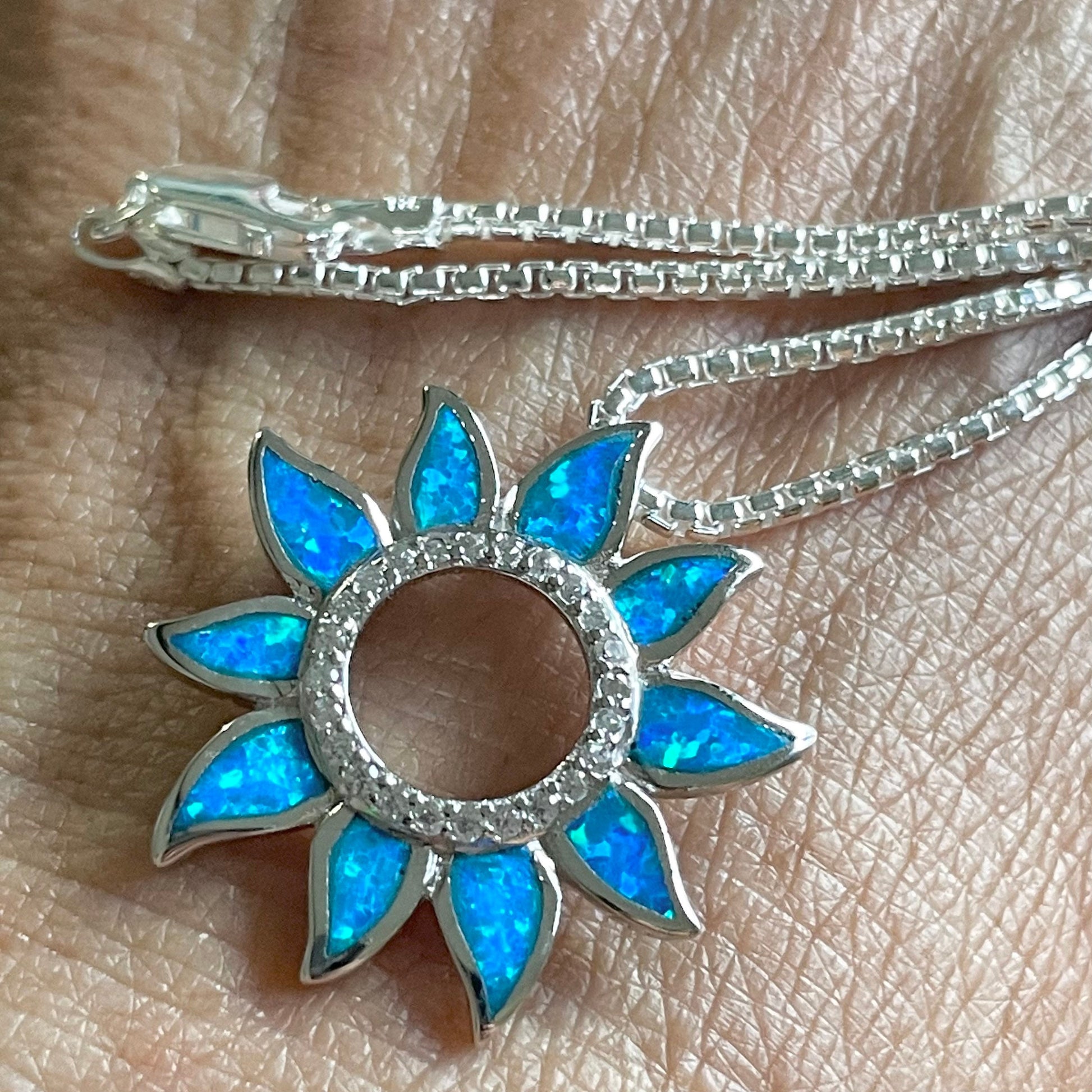 Sunflower Blue Opal Sterling Silver Pendant Necklace, Sun Chain, Sunflower Necklace, Sun Necklace, Opal Pendant, Silver Necklace, CZ Pendant