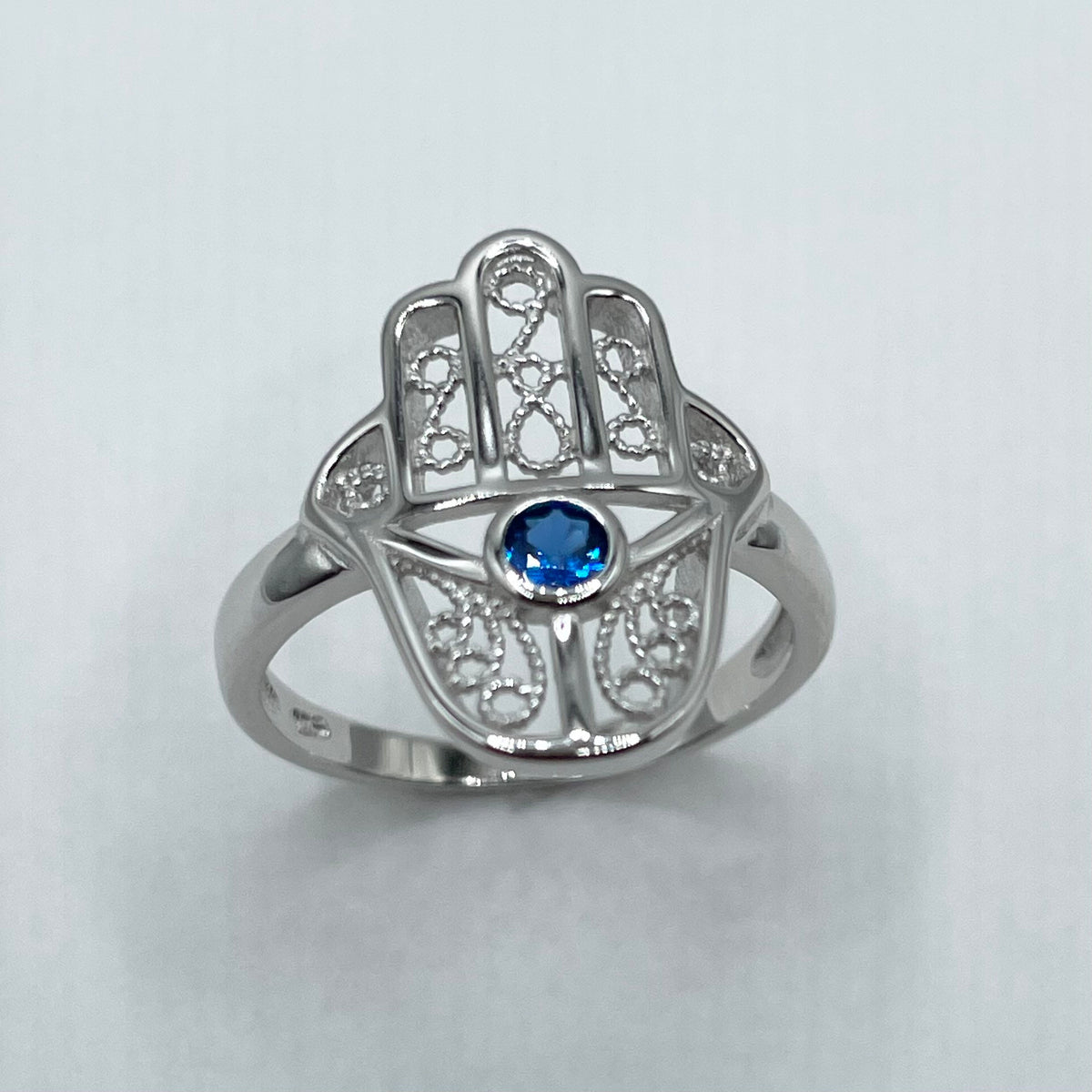 Sterling Silver Hamsa Ring: Blue Sapphire CZ, Hand of God