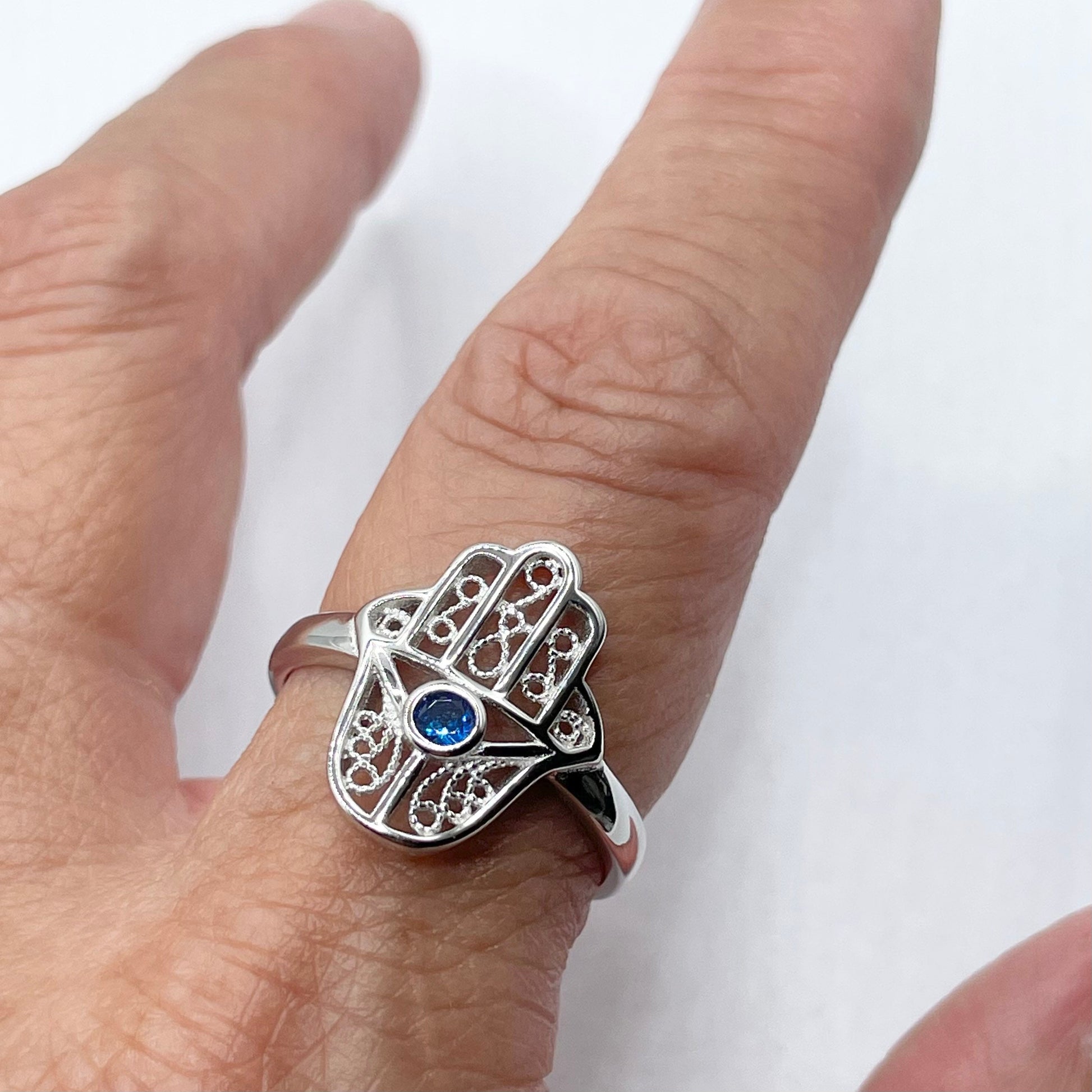 Sterling Silver Hamsa Ring: Blue Sapphire CZ, Hand of God