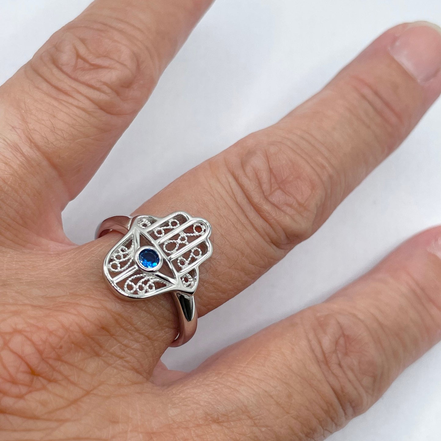 Sterling Silver Hamsa Ring: Blue Sapphire CZ, Hand of God