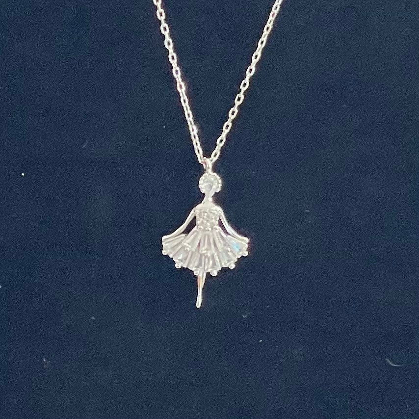 CZ Ballerina Sterling Silver Necklace: Dancer Pendant, 16-inch Chain
