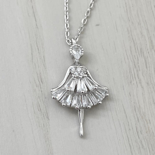 CZ Ballerina Sterling Silver Necklace - Cubic Zirconia Ballerina Pendant - Girl Necklace - Dancer Charm - Ballet Dancer - Team Necklace