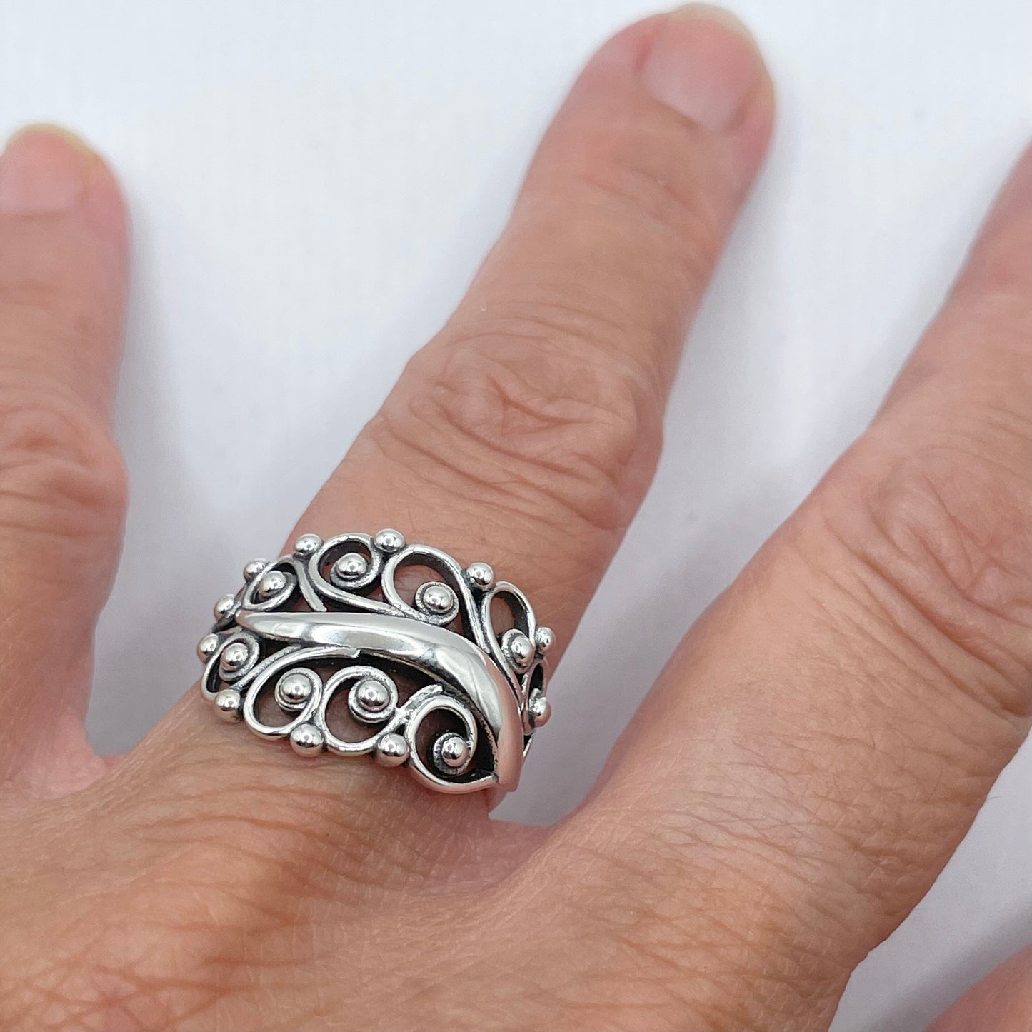 Large Swirl Leaf Sterling Silver Ring, Leaf Ring, Swirl Ring, Large Silver Ring, Silver Beads Ring, Silver Ring, Statement Ring, Boho Ring