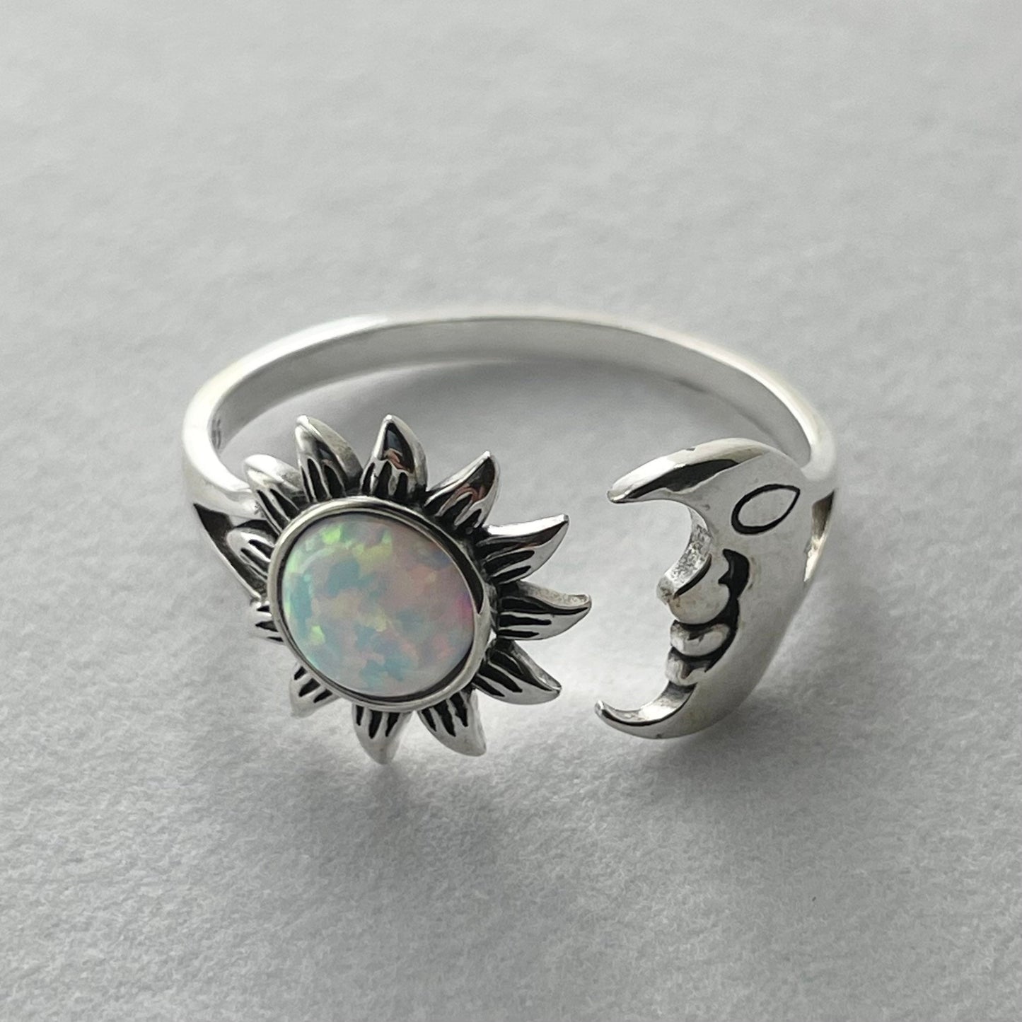 Sterling Silver Sun and Moon Ring: White Lab Opal Celestial Jewelry