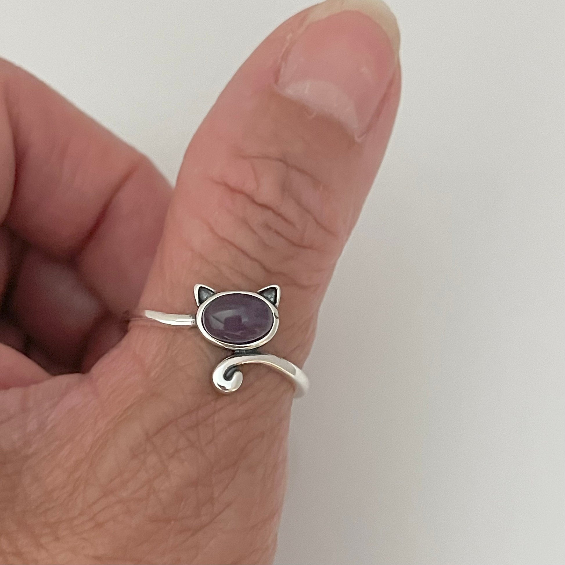 Amethyst Cat Sterling Silver Ring with Long Tail, animal ring, cat ring, tail ring, cat ring, amethyst ring, girl ring, stetement ring