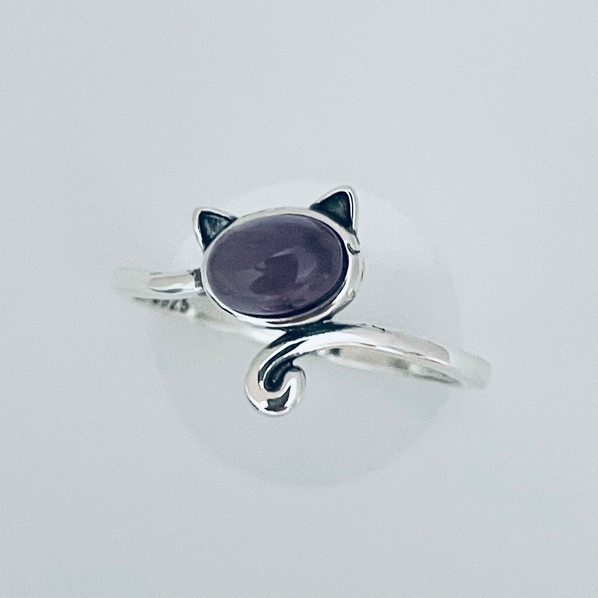 Amethyst Cat Sterling Silver Ring with Long Tail, animal ring, cat ring, tail ring, cat ring, amethyst ring, girl ring, stetement ring