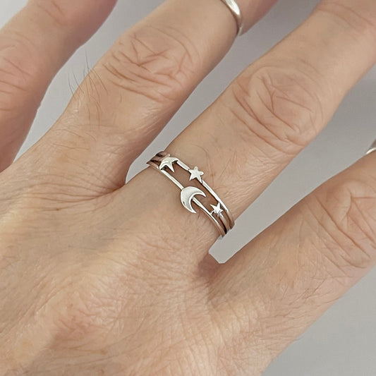 Sterling Silver Moon and Star Ring: Celestial Boho Jewelry