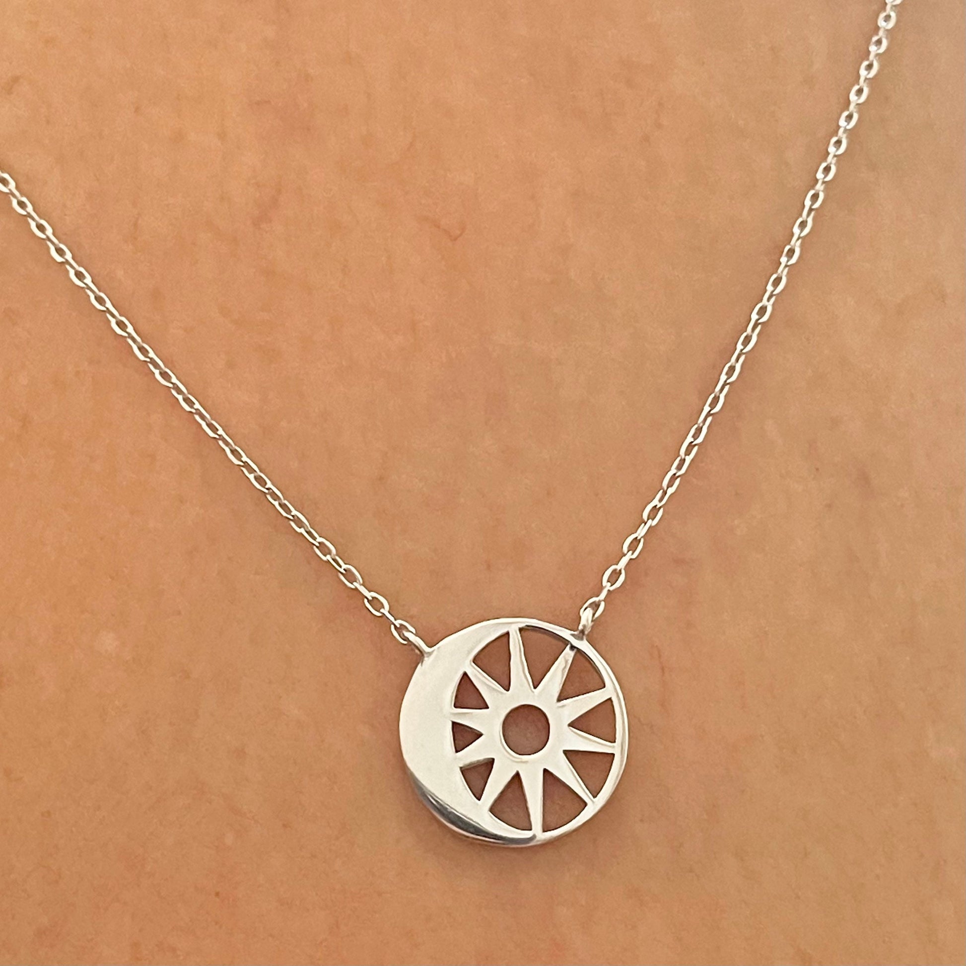 Dainty Sun Moon Sterling Silver Pendant Necklace, Silver Sun Necklace, Crescent Moon Necklace, Promise Necklace, Sun Moon Pendant Necklace