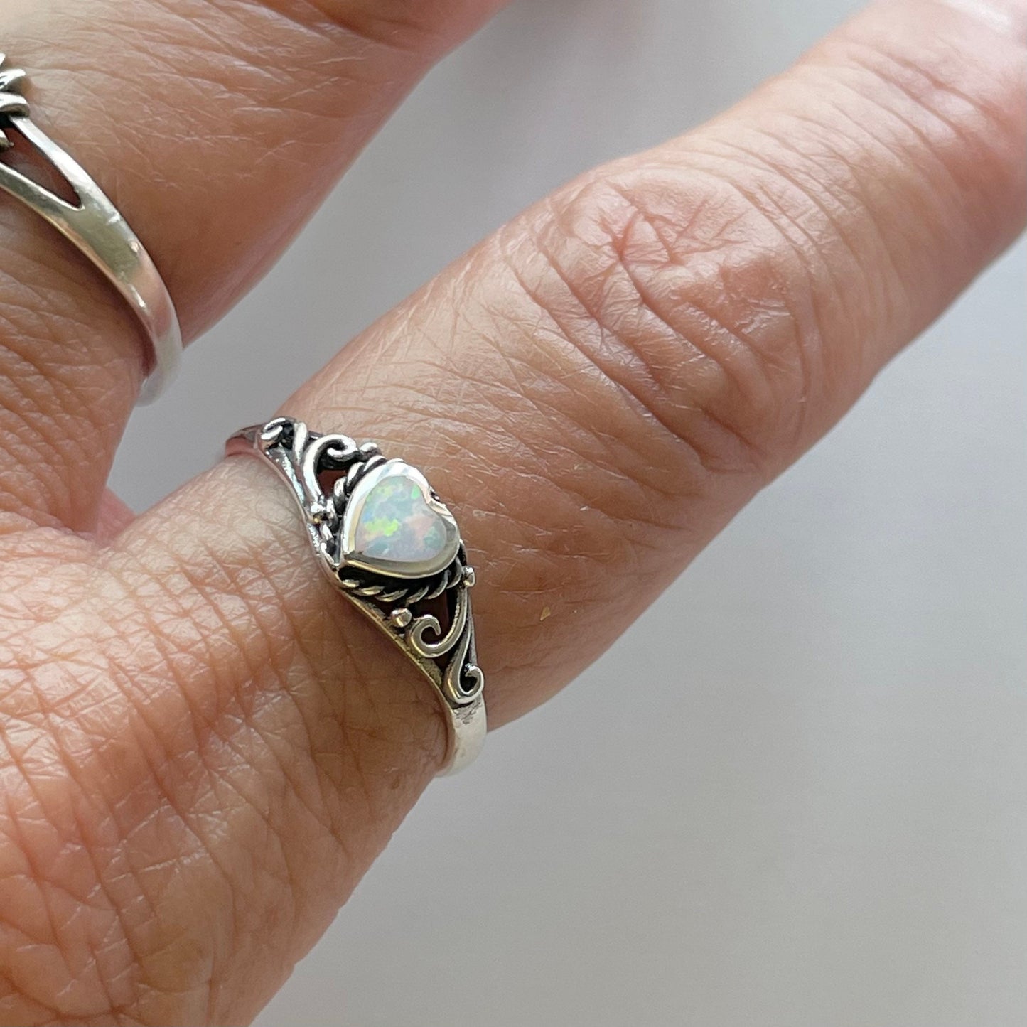 Sterling Silver White Lab Opal Heart Ring: Swirl Boho Ring