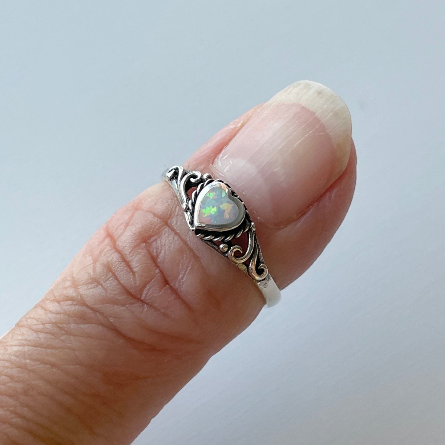 Sterling Silver White Lab Opal Heart Ring: Swirl Boho Ring