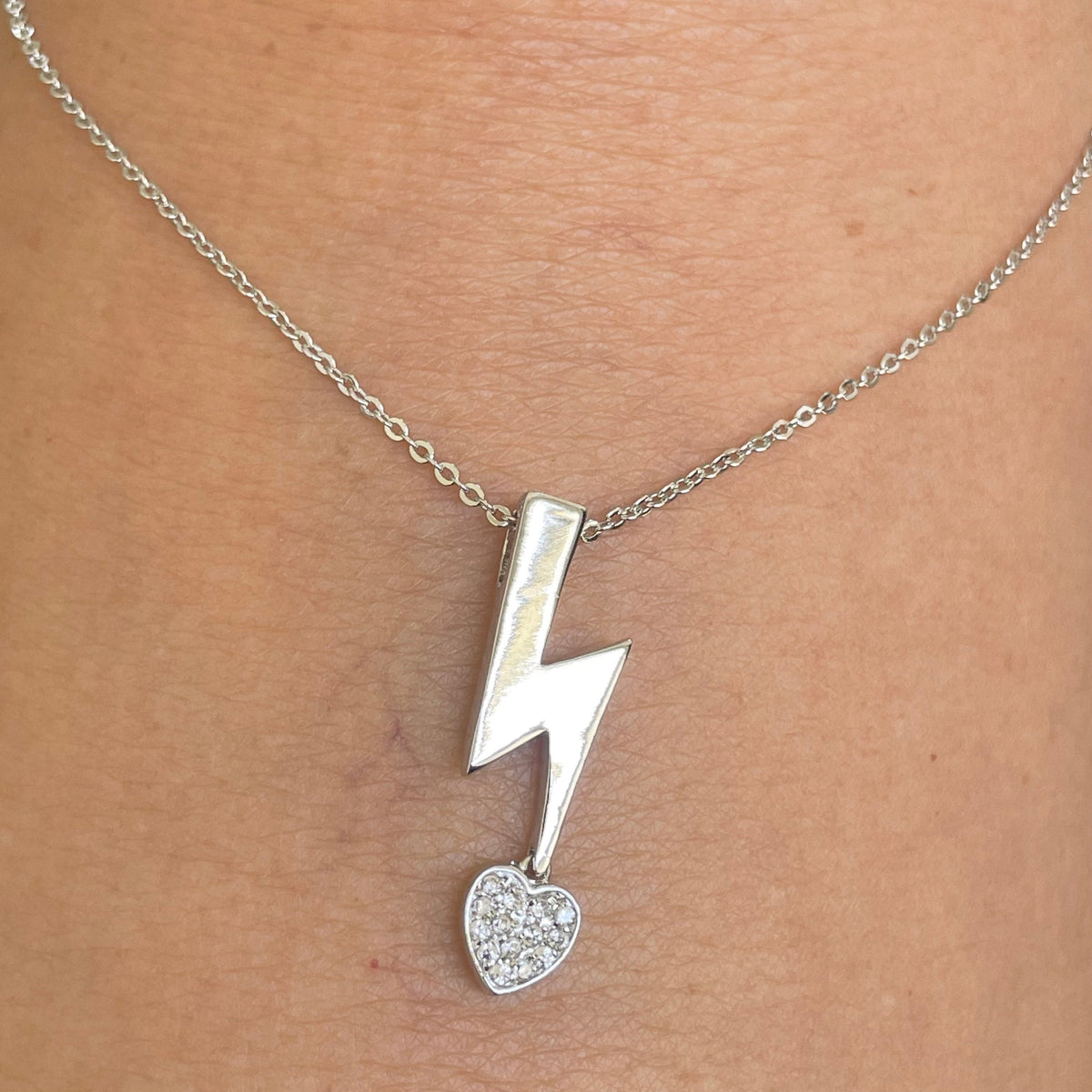 Sterling Silver Lightning Bolt Necklace: CZ Heart Pendant, Flash Necklace