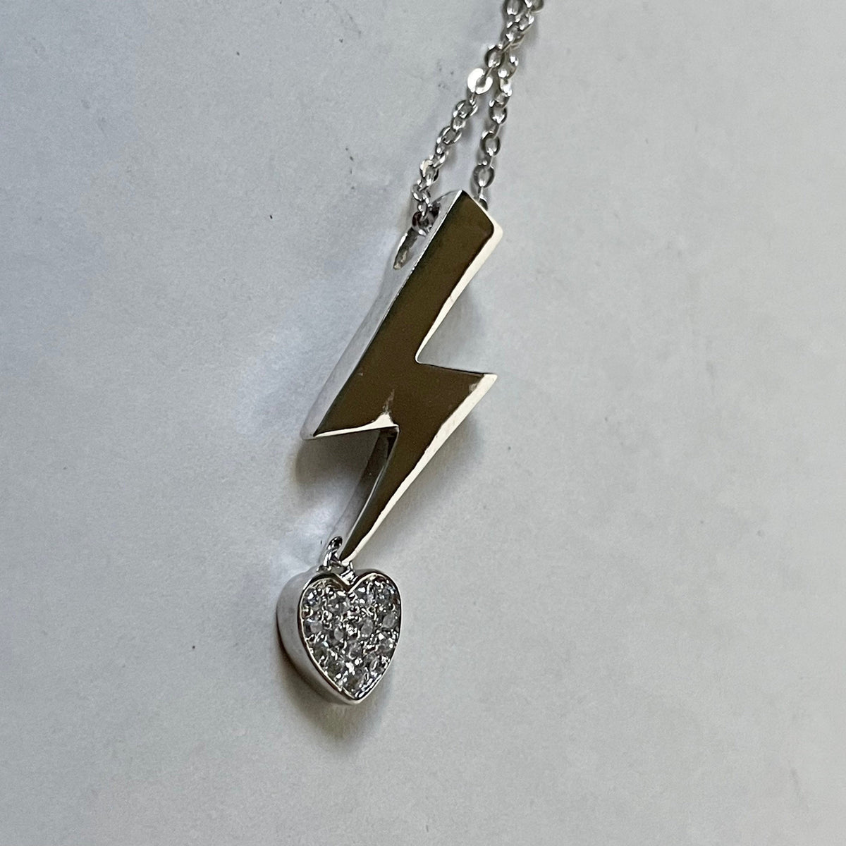Sterling Silver Lightning Bolt Necklace: CZ Heart Pendant, Flash Necklace