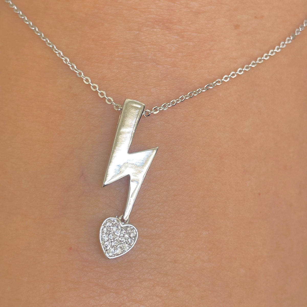 Sterling Silver Lightning Bolt Necklace: CZ Heart Pendant, Flash Necklace