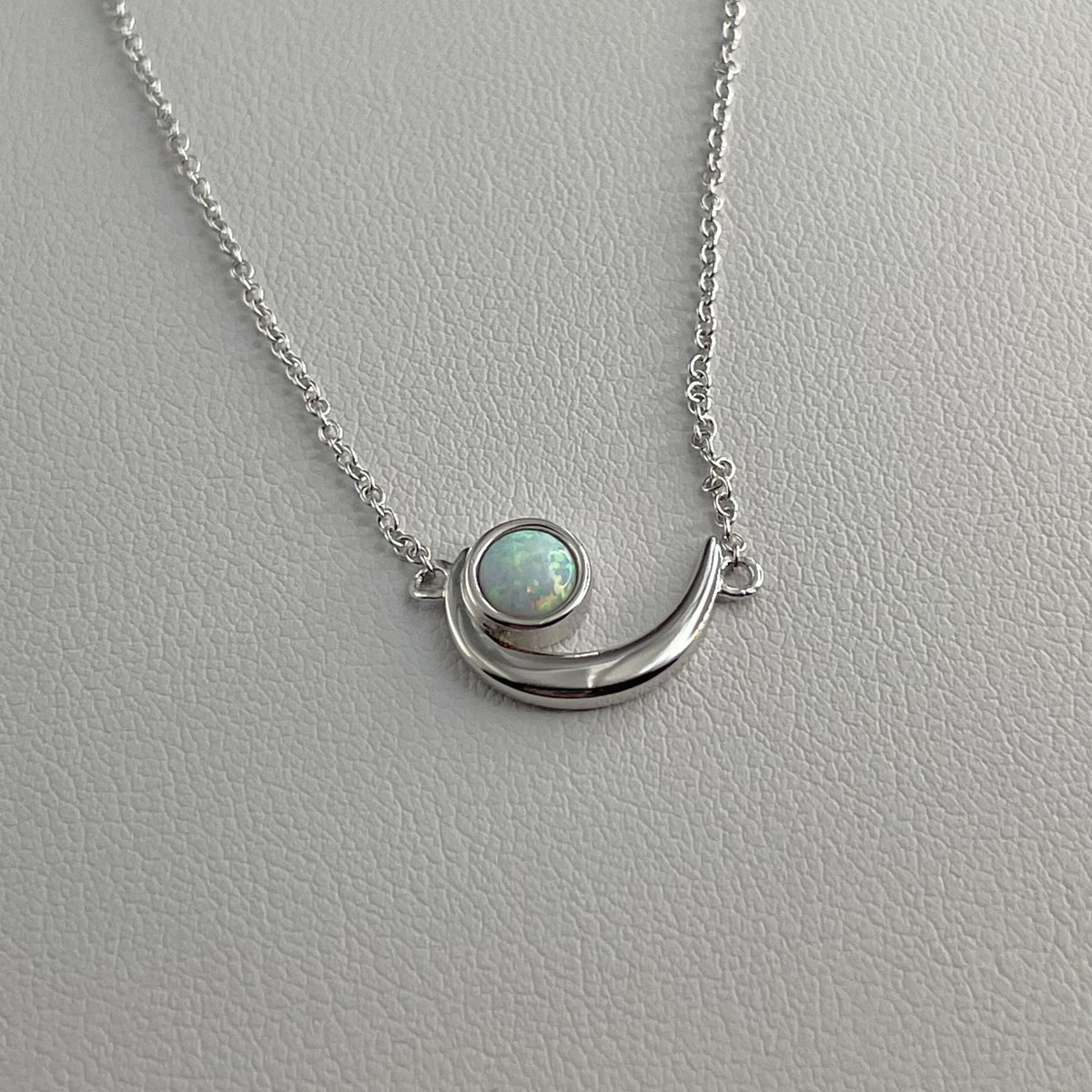 Sterling Silver Crescent Moon Necklace: Lab Opal Celestial Pendant