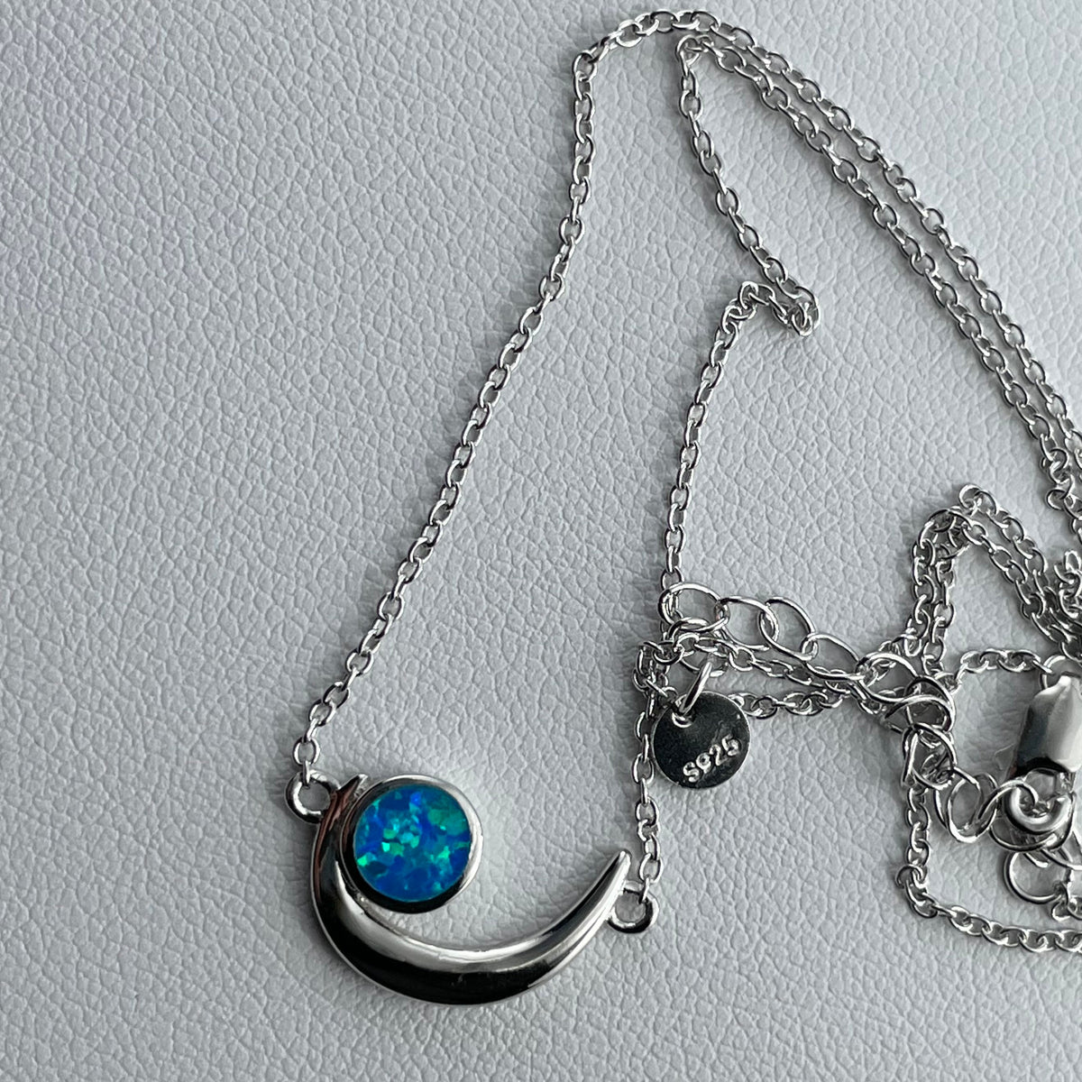 Sterling Silver Crescent Moon Necklace: Lab Opal Celestial Pendant