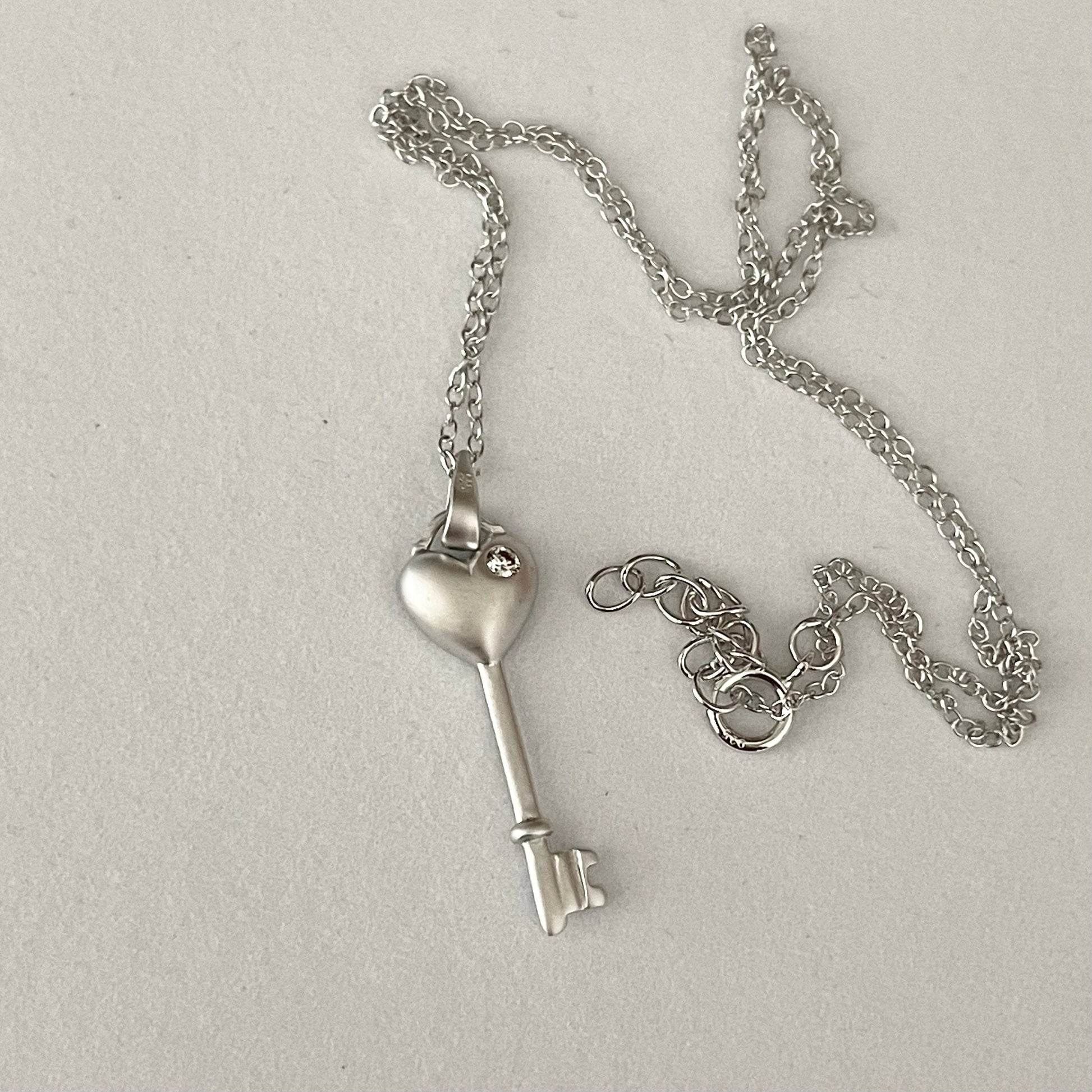 Sterling Silver CZ Heart Key Pendant and Necklace, Silver Love Necklace, Heart Necklace, Key Pendant, Key to my Heart Ring, Silver Necklace.