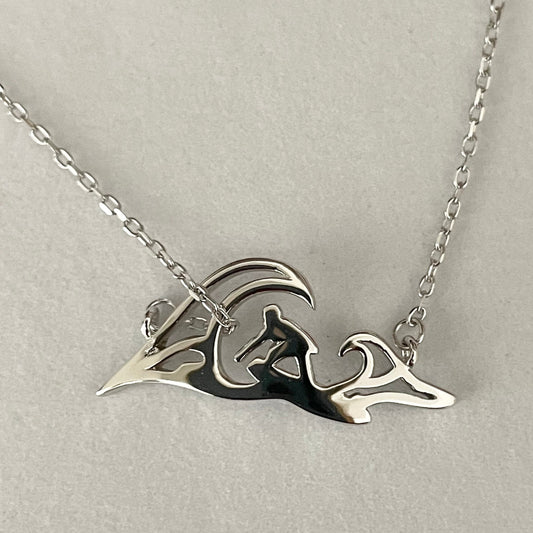 Sterling Silver Surfer Wave Pendant Necklace - Beach Jewelry