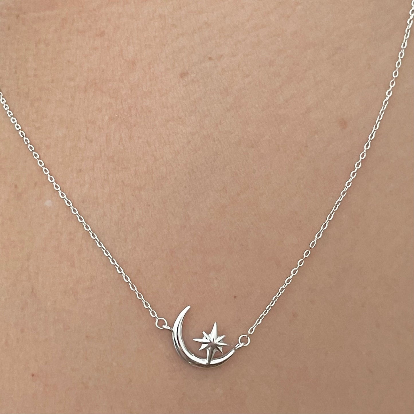 Crescent Moon and Star Sterling Silver Pendant and Necklace, Star Pendant, Celestial Necklace, Moon Pendant, Silver Necklace.