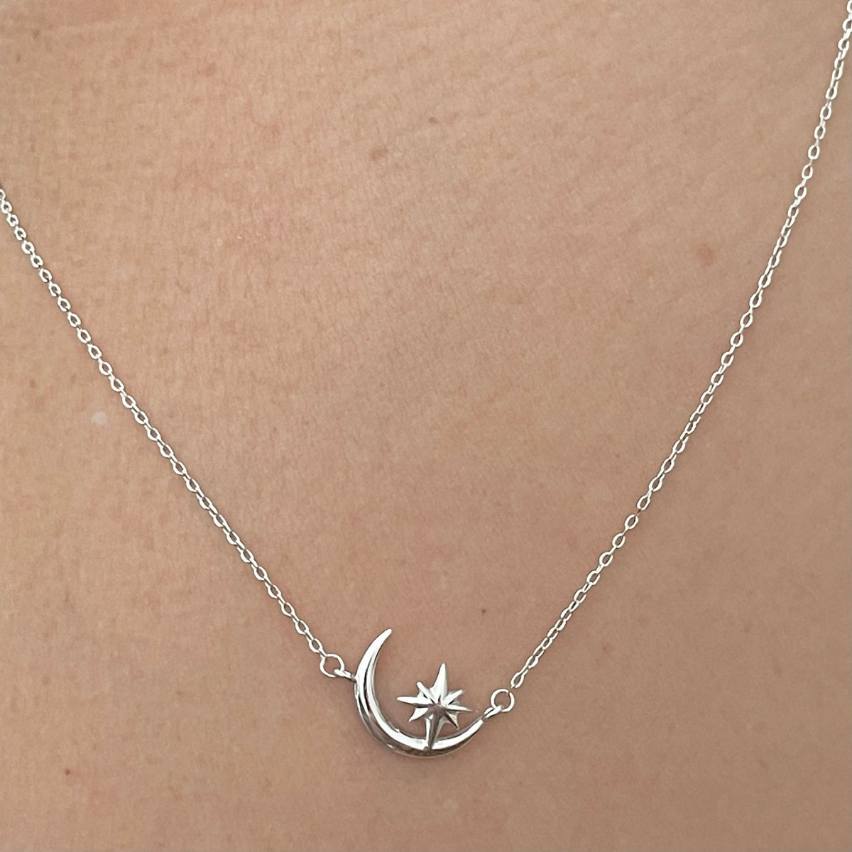 Sterling Silver Crescent Moon and Star Necklace: Celestial Pendant